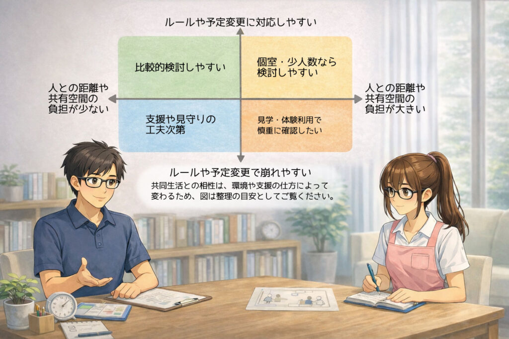障害者グループホームの共同生活との相性を、人との距離や共有空間の負担と、ルールや予定変更への対応のしやすさの2軸で整理した図