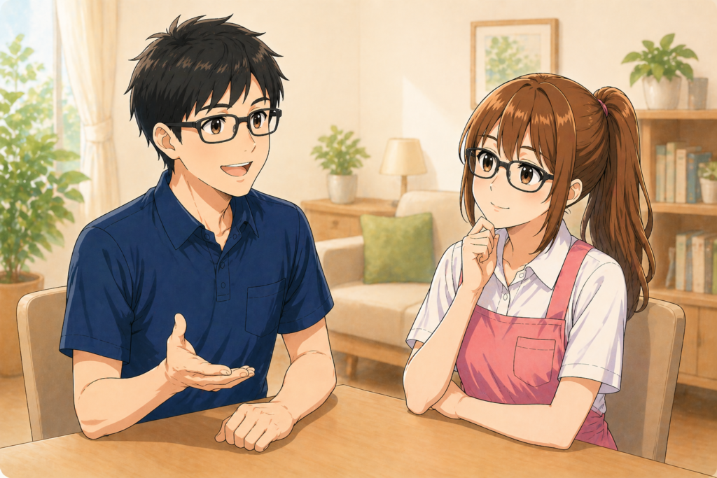 男性の説明を聞きながら、女性が入所施設とグループホームのどちらが合うか考えている場面