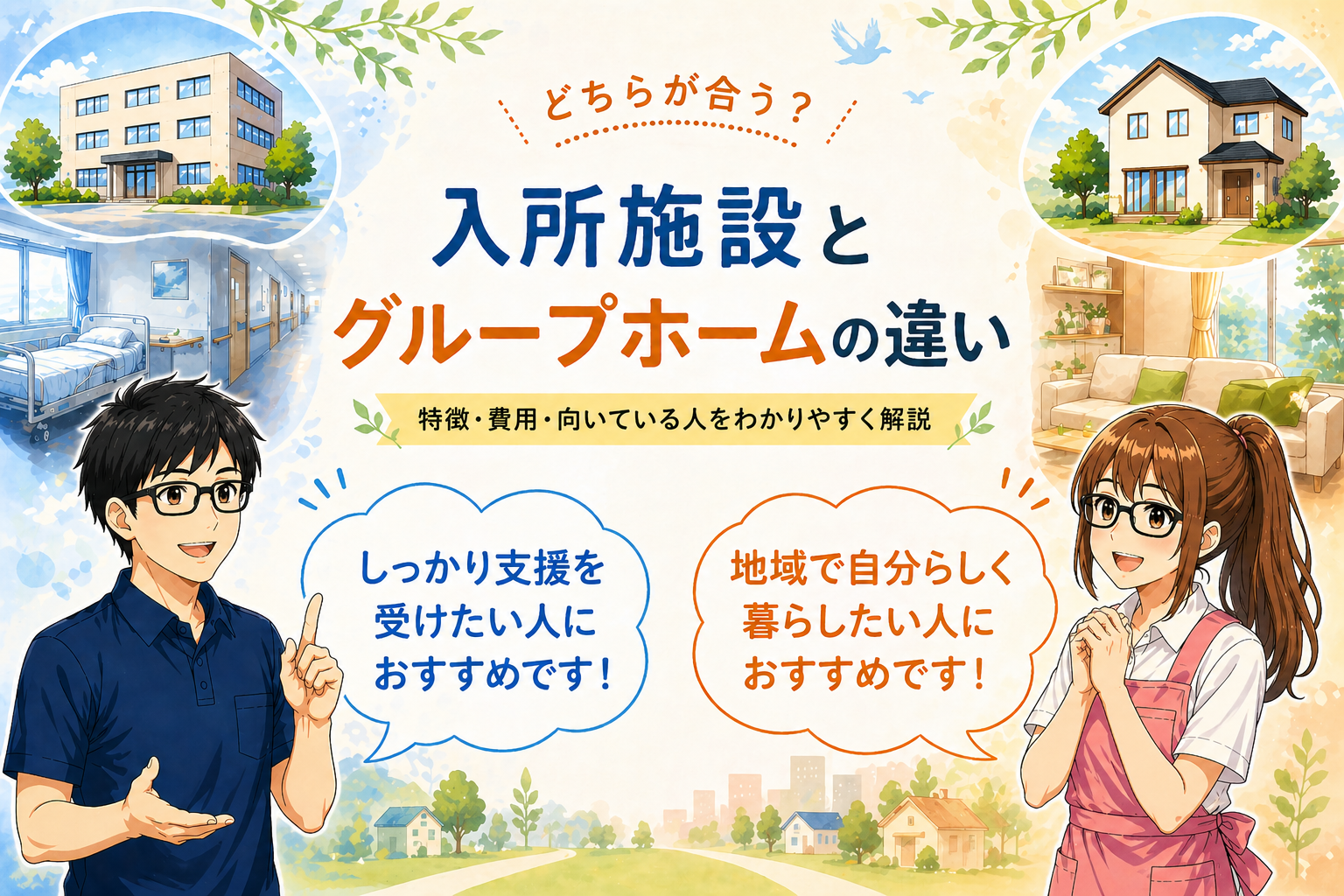 入入所施設とグループホームの違いを、特徴や費用、向いている人の視点でわかりやすく解説する記事