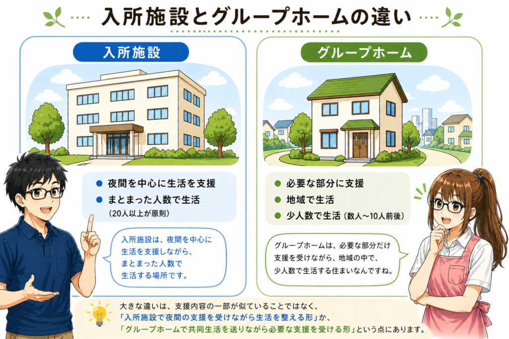 入所施設とグループホームの違いを、支援の受け方や生活のスタイルの違いで比較した図解
