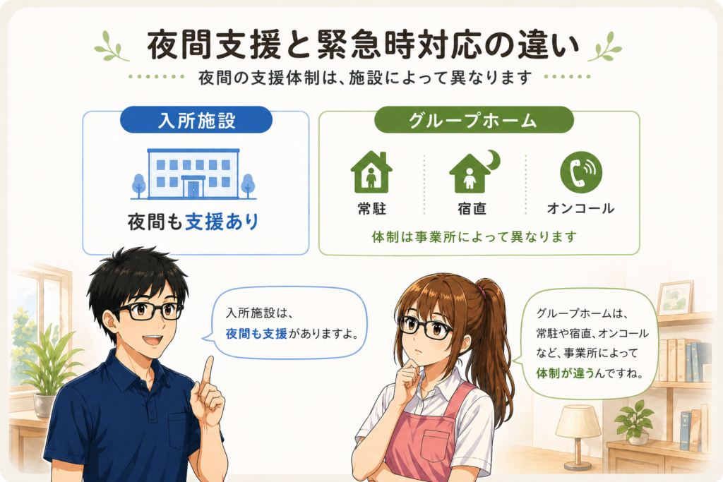 入所施設とグループホームの夜間支援の体制の違いを比較した図解