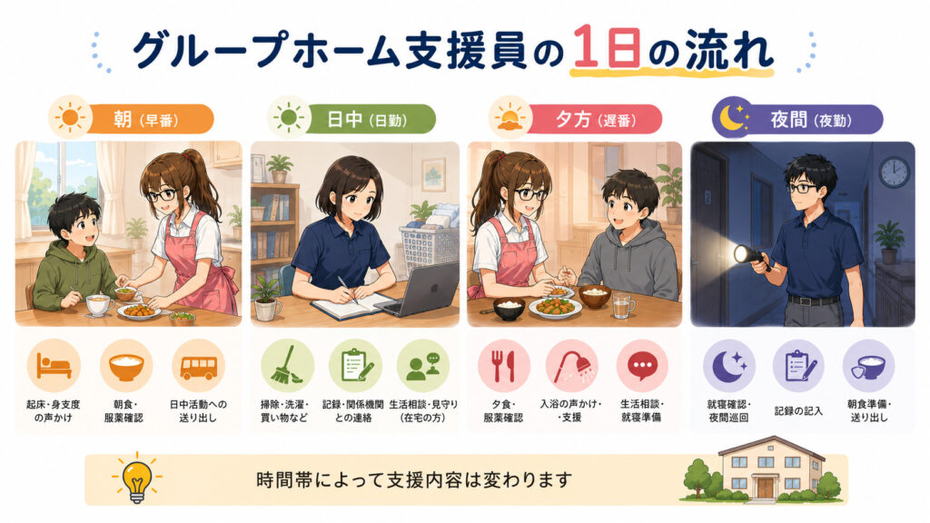日勤・夜勤で見るグループホーム支援員の1日の流れ