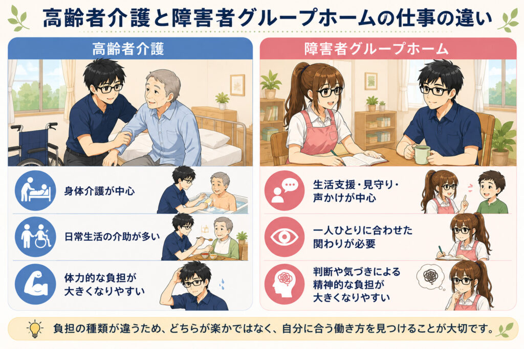 高齢者介護と障害者グループホームの仕事は何が違う？の図解