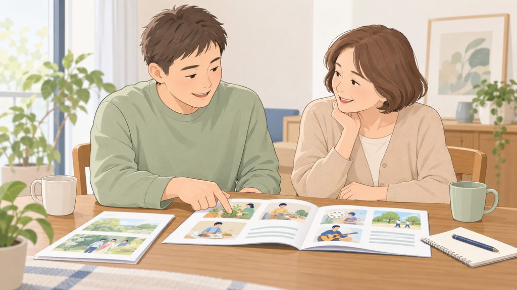生活介護の活動を紹介する資料を見ながら、見学の内容を振り返る本人と家族。
